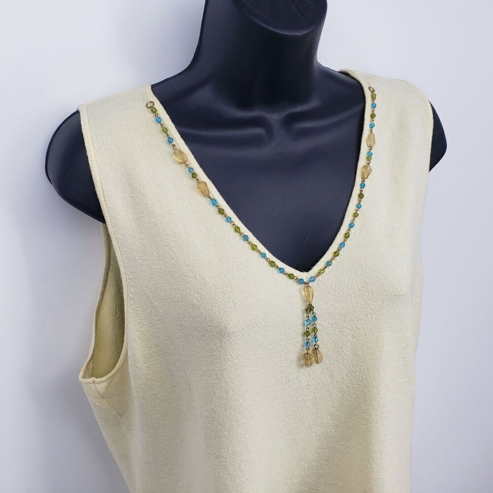 R&K Knitted Beaded Tank Top Sweater Blouse Size 16 Yellow V-Neck